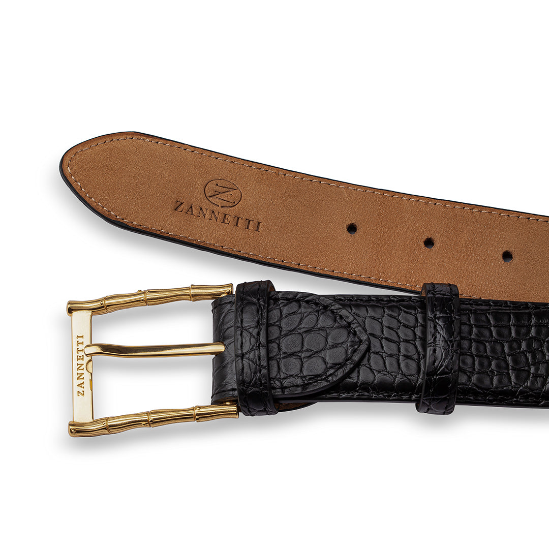Cintura in alligatore con fibbia in bronzo